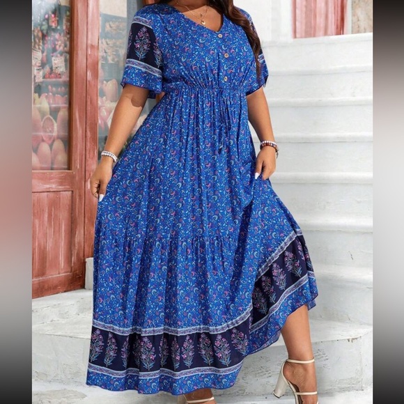 Boho Plus Size Floral Paisley Print Short Sleeve Maxi Dress Blue - Picture 4 of 6